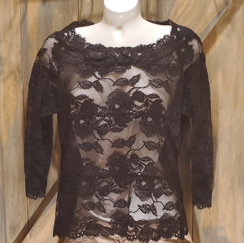 Beautiful Black Floral Lace 3/4 Sleeve Blouse SzM